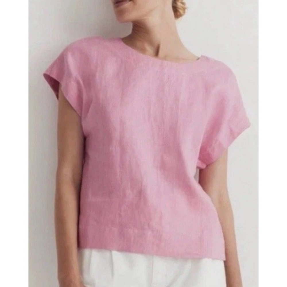 Madewell Square-Neck Top Pink Linen Size L Cap Sleeve Boxy Summer Boho